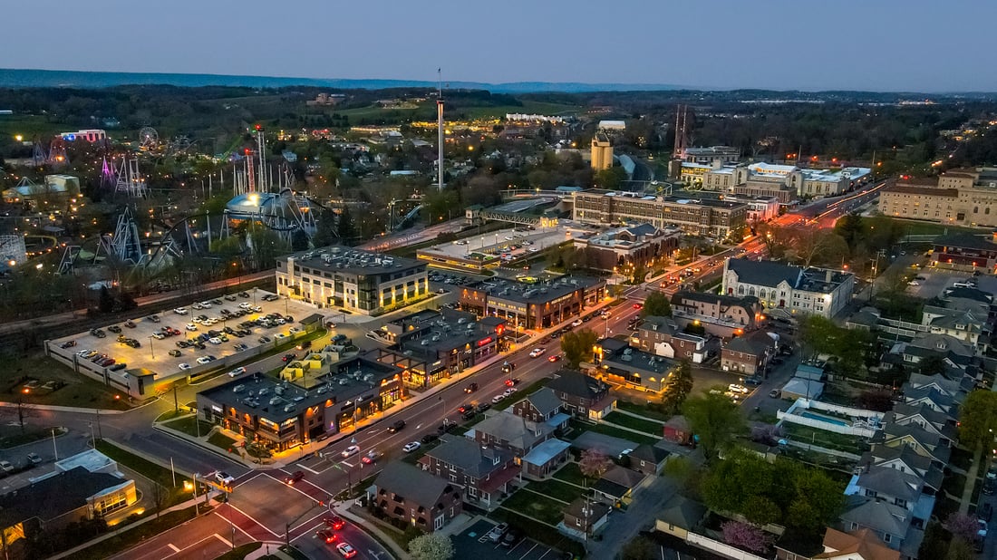 Aerial view of Hershey, Pennsylvania at twilight