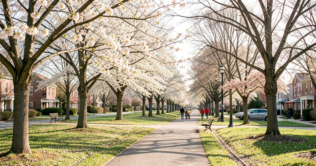 A tree-lined small-town park path in spring blossom