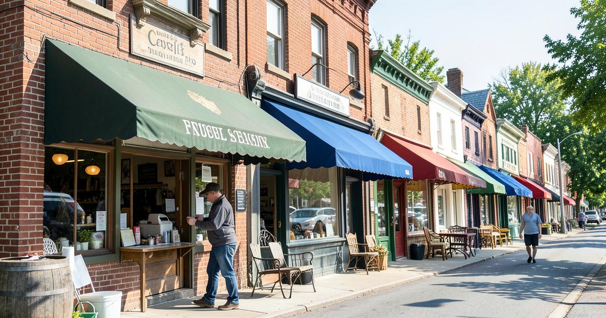 Small-town main street storefronts with awnings on a sunny afternoon