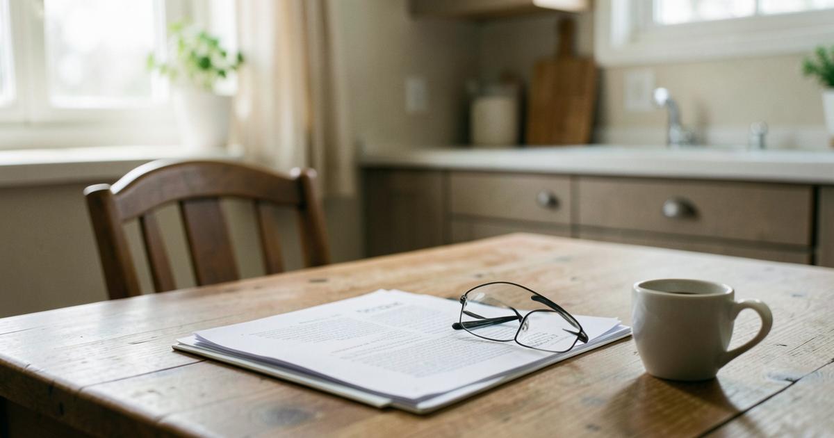 Insurance paperwork and reading glasses on a kitchen table