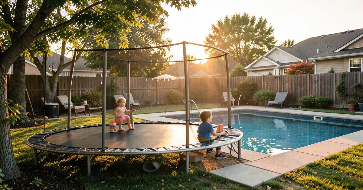 A backyard with a trampoline and swimming pool at golden hour