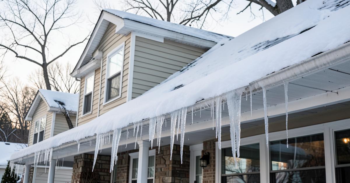Icicles hanging from the roof edge of a snow-covered house